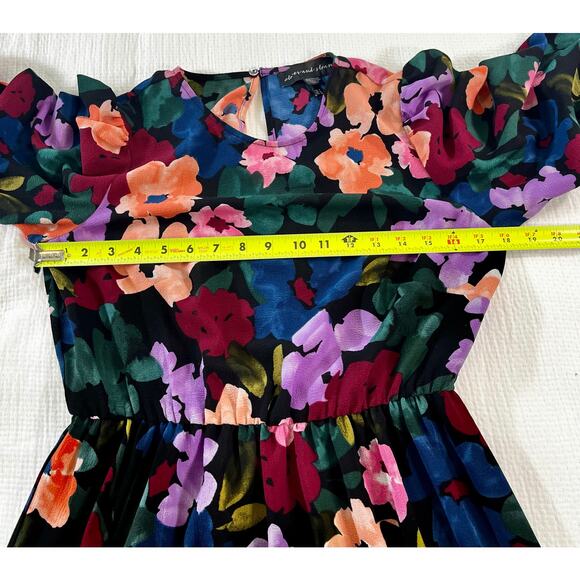 Clover and Sloane Long Sleeve Tiered Midi Black & Floral Dress Women's US 4 - Picture 4 of 7